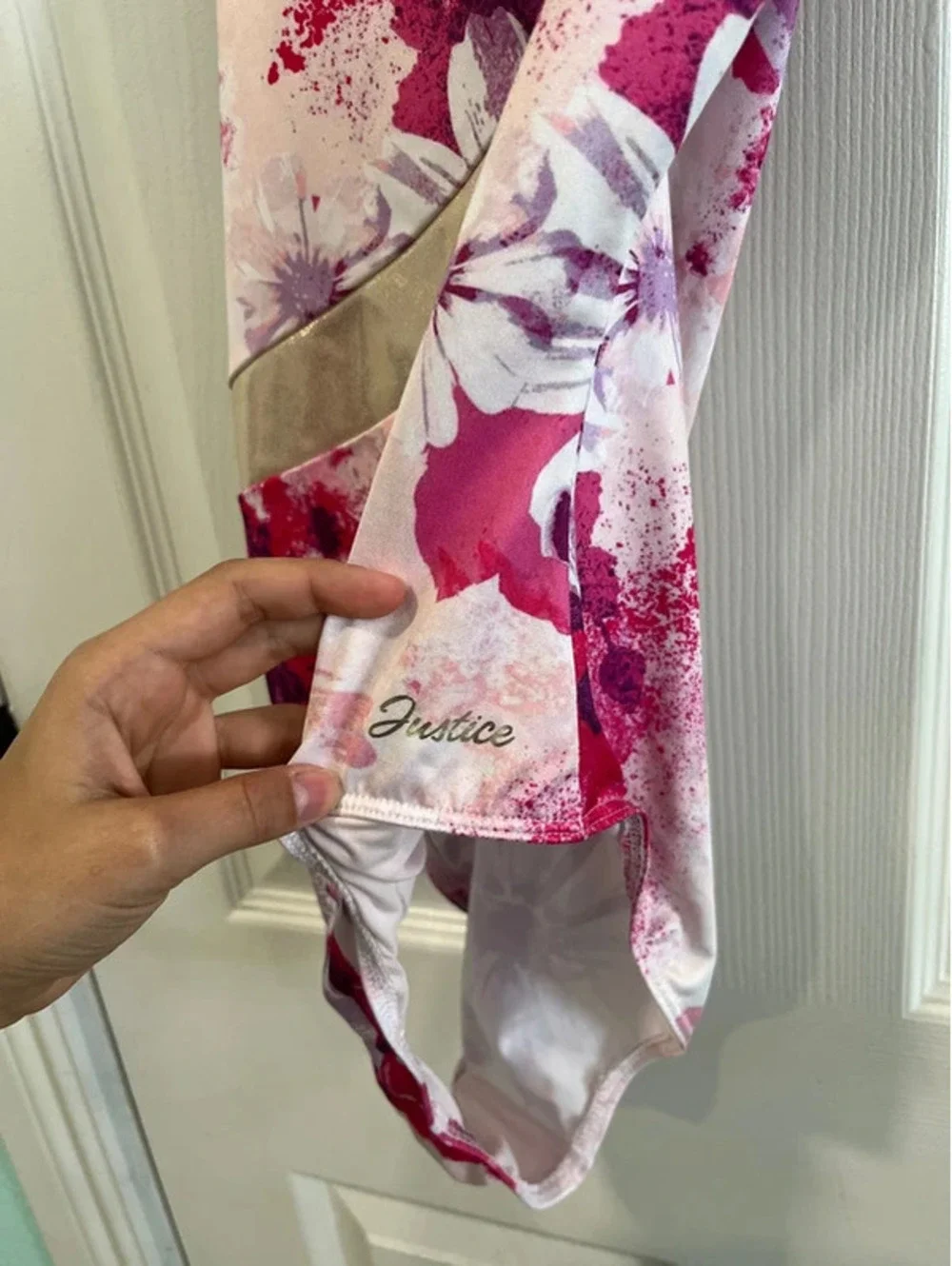 Girls XL size 16 gymnastic dance leotard pink flowers gold